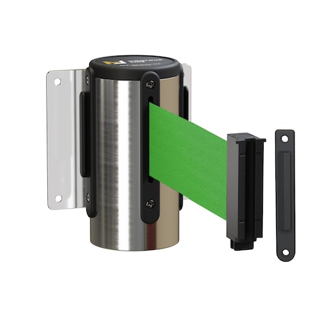 Montour Line Retr. Belt Barrier Wall Mnt Pol. Stainless Case Fxd, 8.5' Green Belt MWM100-PS-GN-F-S-85